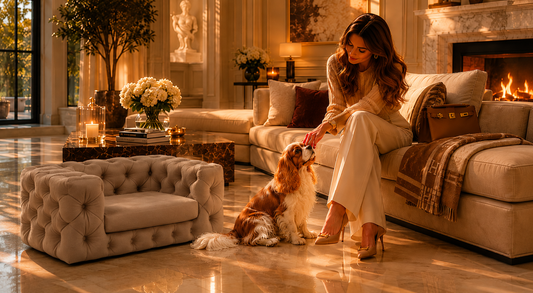 Luxury dog sofa styled as designer pet furniture in a modern high-end interior