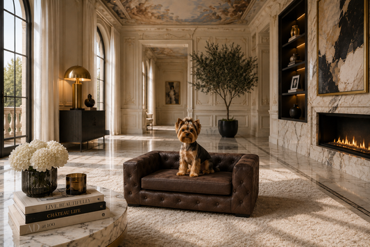 Luxury designer dog sofa in an elegant pet-friendly living room, showcasing handcrafted premium furniture for modern homes