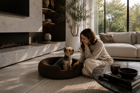 Yorkshire Terrier relaxing beside its owner on a luxury Glamour dog sofa in an elegant pet-friendly living room