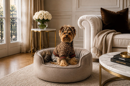 Yorkshire Terrier relaxing in a luxury Yin Yang dog bed by Pet Empire