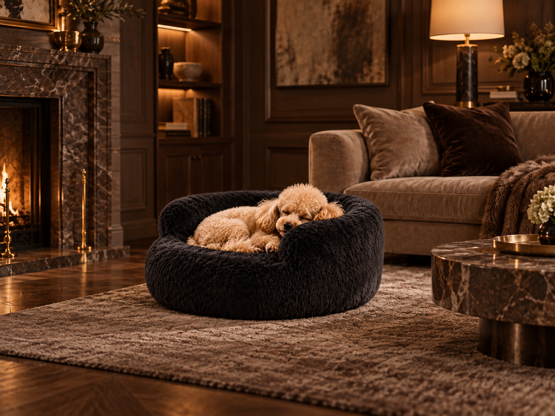 Dog sleeping peacefully on a luxury dog sofa in a calm modern interior