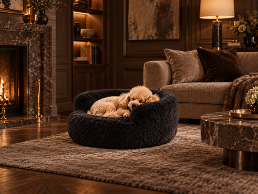Dog sleeping peacefully on a luxury dog sofa in a calm modern interior