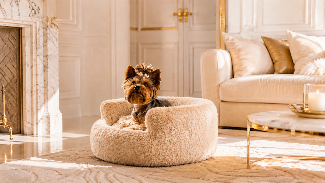Dog relaxing comfortably on a luxury dog sofa in a calm and familiar home interior