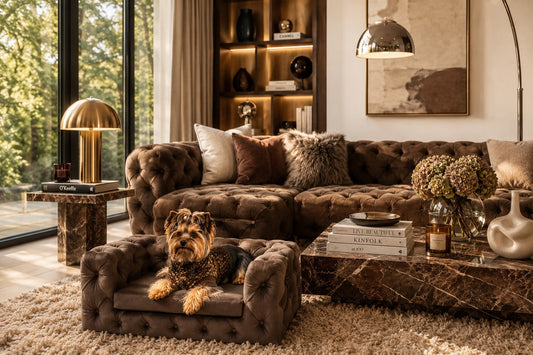 Dog-friendly modern living room featuring luxury dog sofas and designer dog furniture