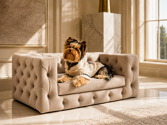 Dog relaxing on a luxury dog sofa in a warm sunny spot at home