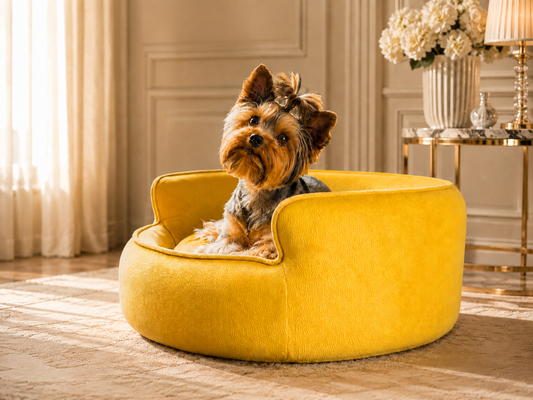 Dog tilting its head while resting on a luxury dog sofa in a modern home