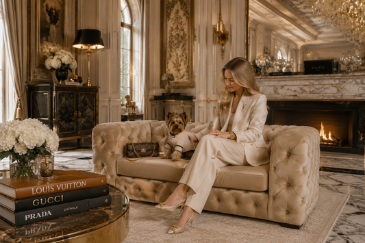Elegant luxury living room featuring a handcrafted Mystique dog sofa styled alongside designer-inspired accessories in a sophisticated pet-friendly interior