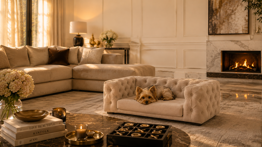 Designer dog furniture integrated into a modern home with luxury pet furniture styling