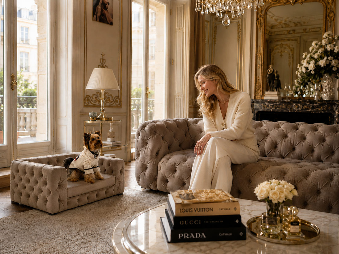Yorkshire Terrier relaxing on a handcrafted Mystique luxury dog sofa in an elegant pet-friendly living room designed for comfort and well-being