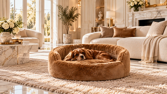 Dog sleeping peacefully on a luxury dog sofa in an elegant interior.