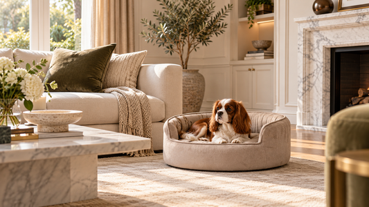 Luxury dog sofa positioned beside the main seating area in an elegant living room.
