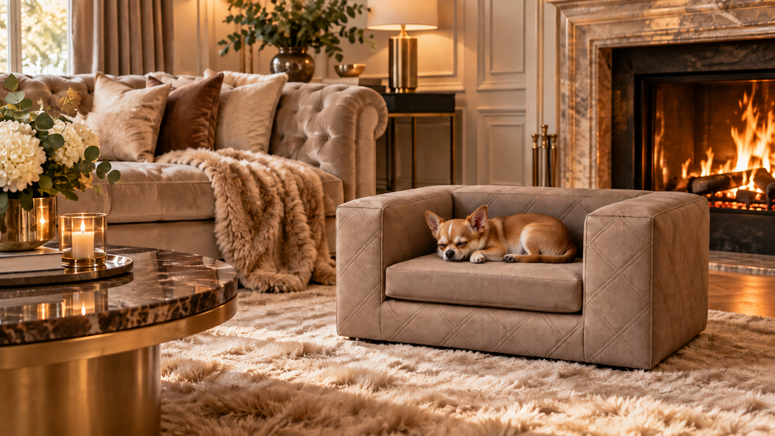 Dog sleeping peacefully on a luxury dog sofa in an elegant interior.