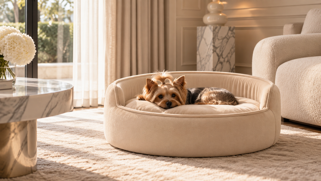 Dog resting on a soft luxury dog sofa in an elegant interior, illustrating why dogs prefer comfortable places to sleep.