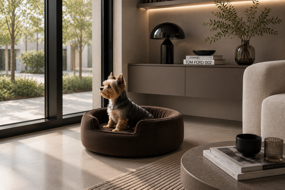 Yorkshire Terrier relaxing on a luxury Glamour dog sofa in a bright pet-friendly living room with elegant modern interior