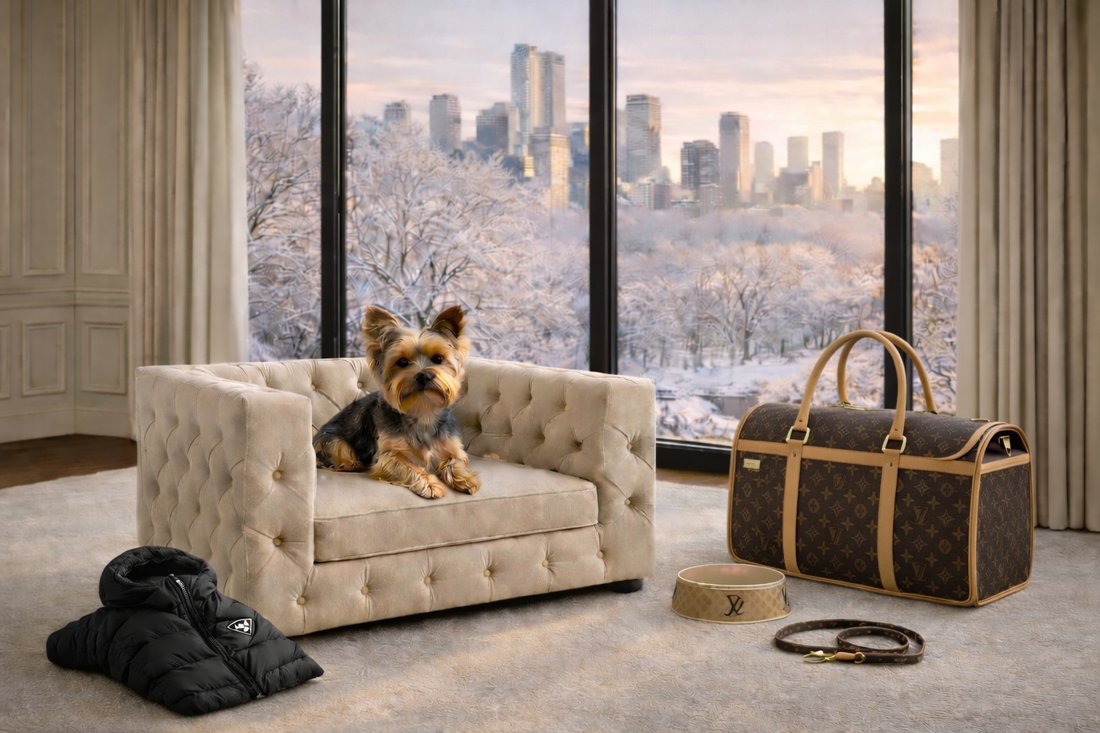 Small dog in a luxury dog sofa in a high-fashion winter interior